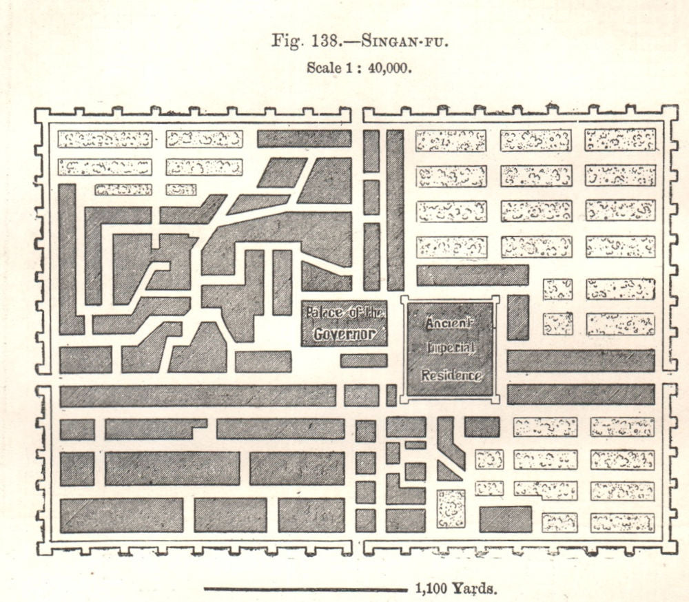 Singan-Fu (Xian) city plan. Fortifications. China. Sketch map 1885 old